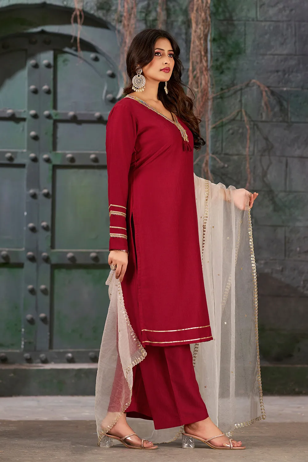 Maroon Straight Fit V-Neck Kurta Set with Trousers and Dupatta