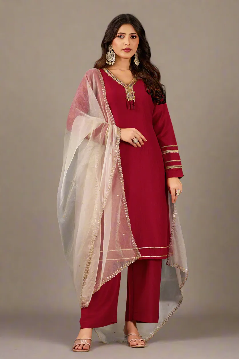 Maroon Straight Fit V-Neck Kurta Set with Trousers and Dupatta