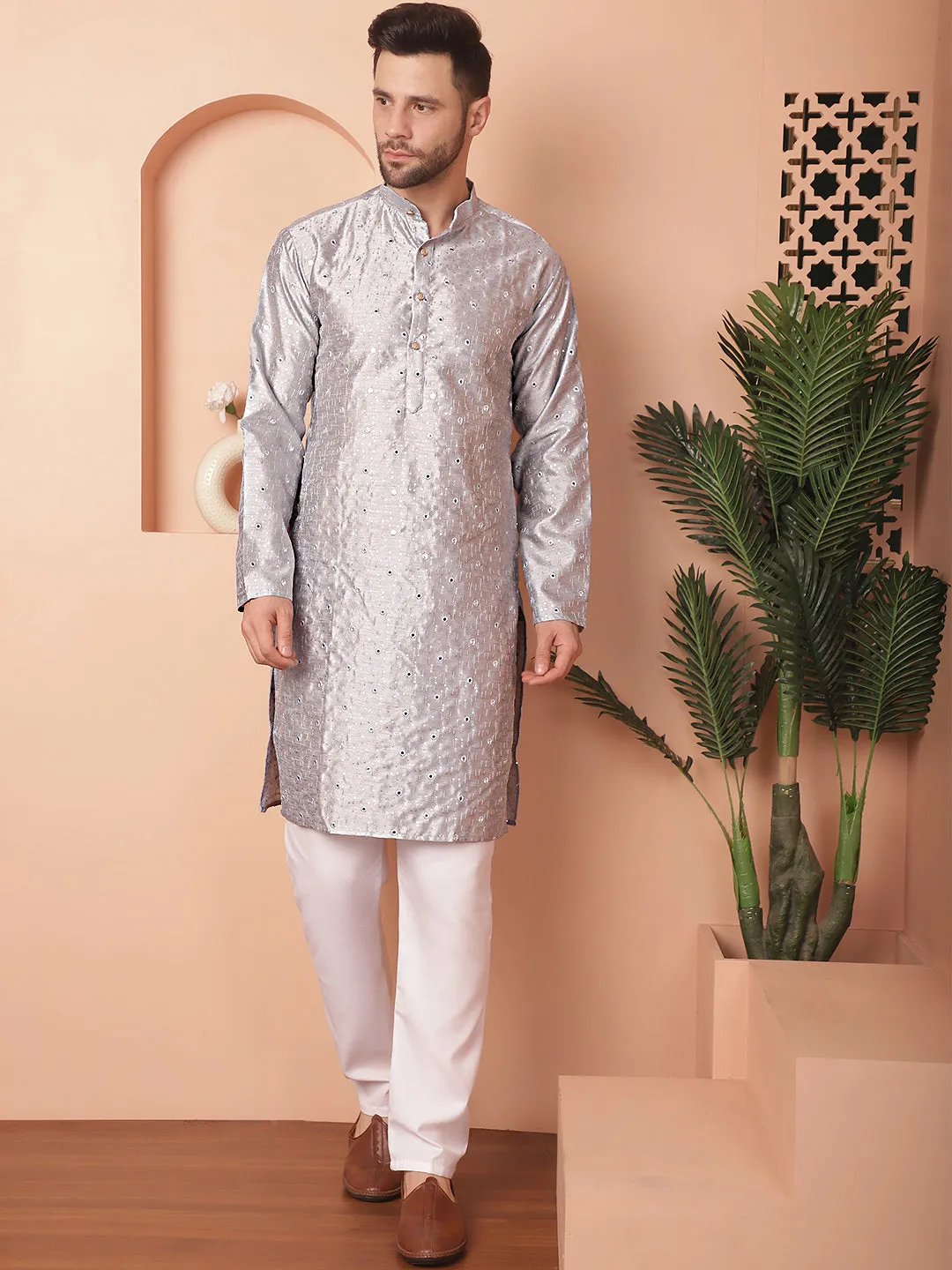 Men's Embroidered Mirror Work Kurtas - Taantav