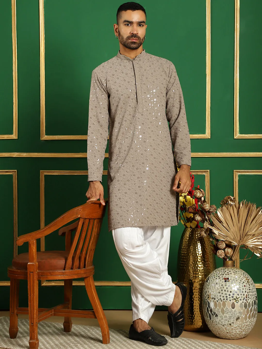 Men's Grey Embroidered and Sequence Kurta with Salwar - Taantav