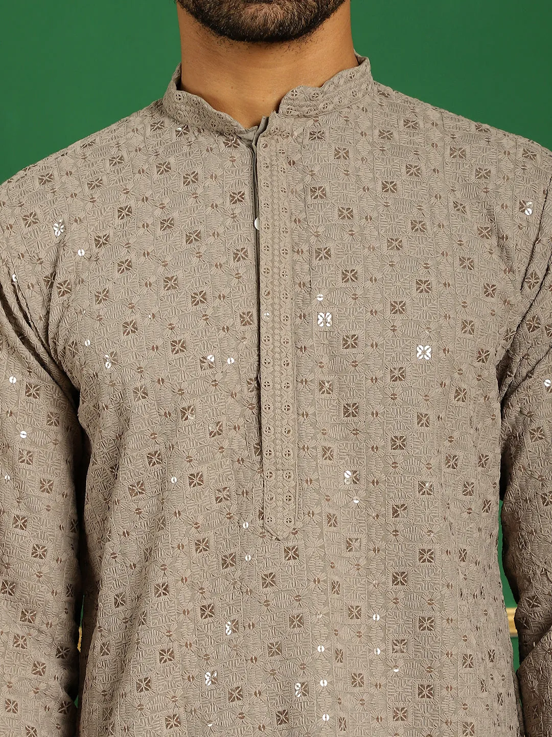 Men's Grey Embroidered and Sequence Kurta with Salwar - Taantav