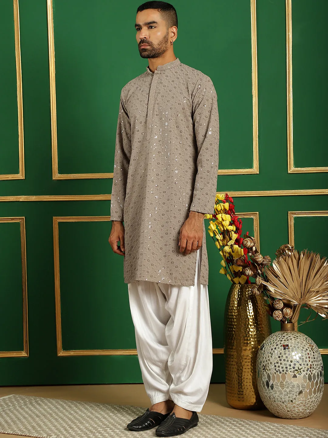 Men's Grey Embroidered and Sequence Kurta with Salwar - Taantav