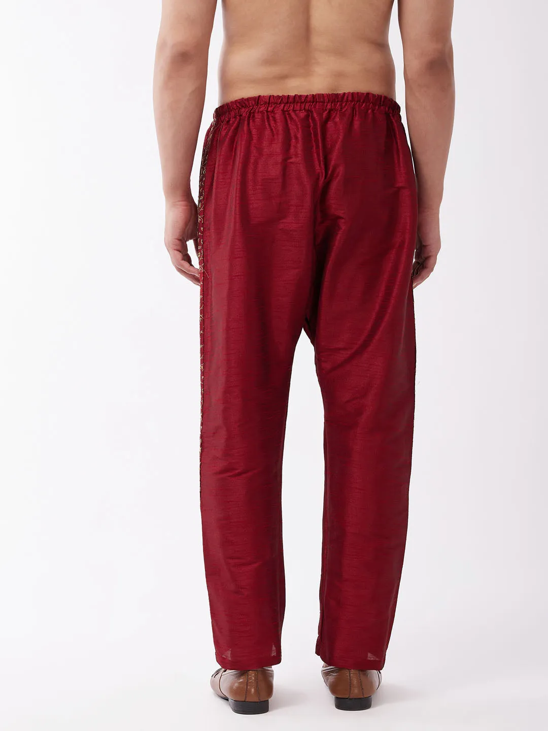 Men's Maroon Silk Blend Embroidered Pyjama - Vastramay