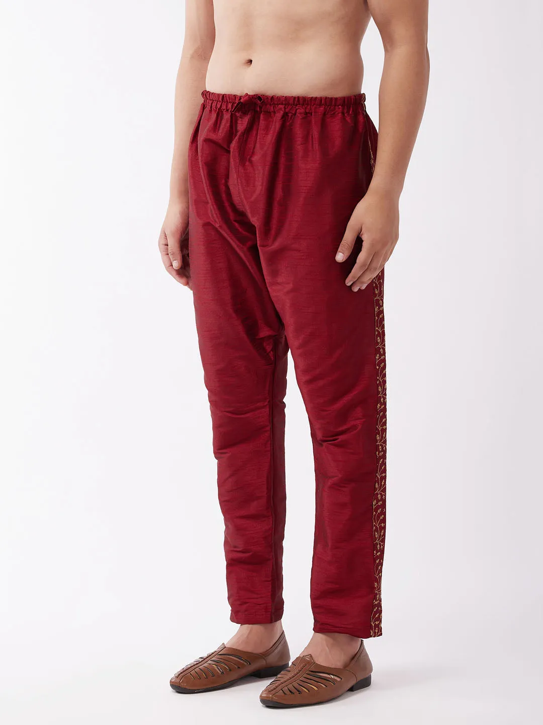 Men's Maroon Silk Blend Embroidered Pyjama - Vastramay