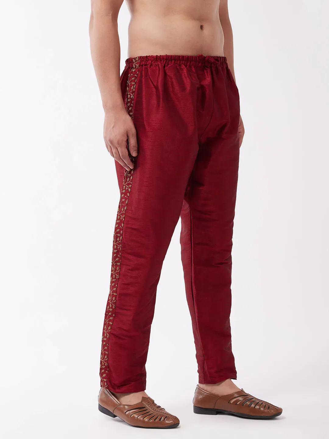 Men's Maroon Silk Blend Embroidered Pyjama - Vastramay