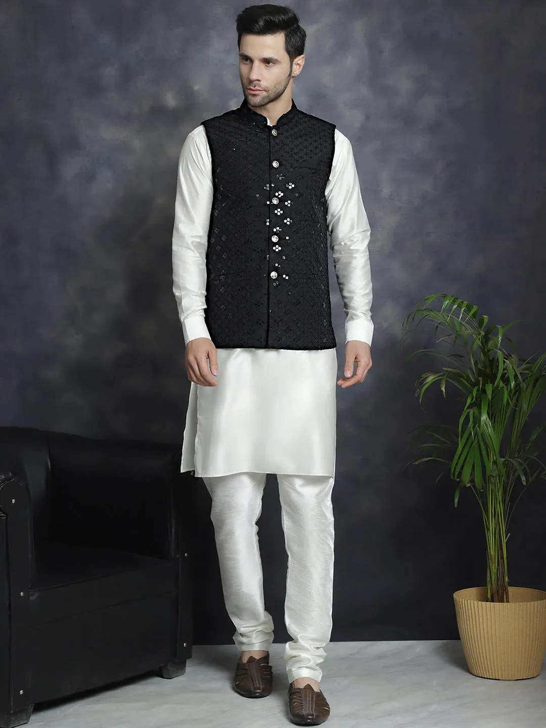 Men's Sequins and Embroidered Nehru Jacket With Solid Kurta Pyjama - Taantav