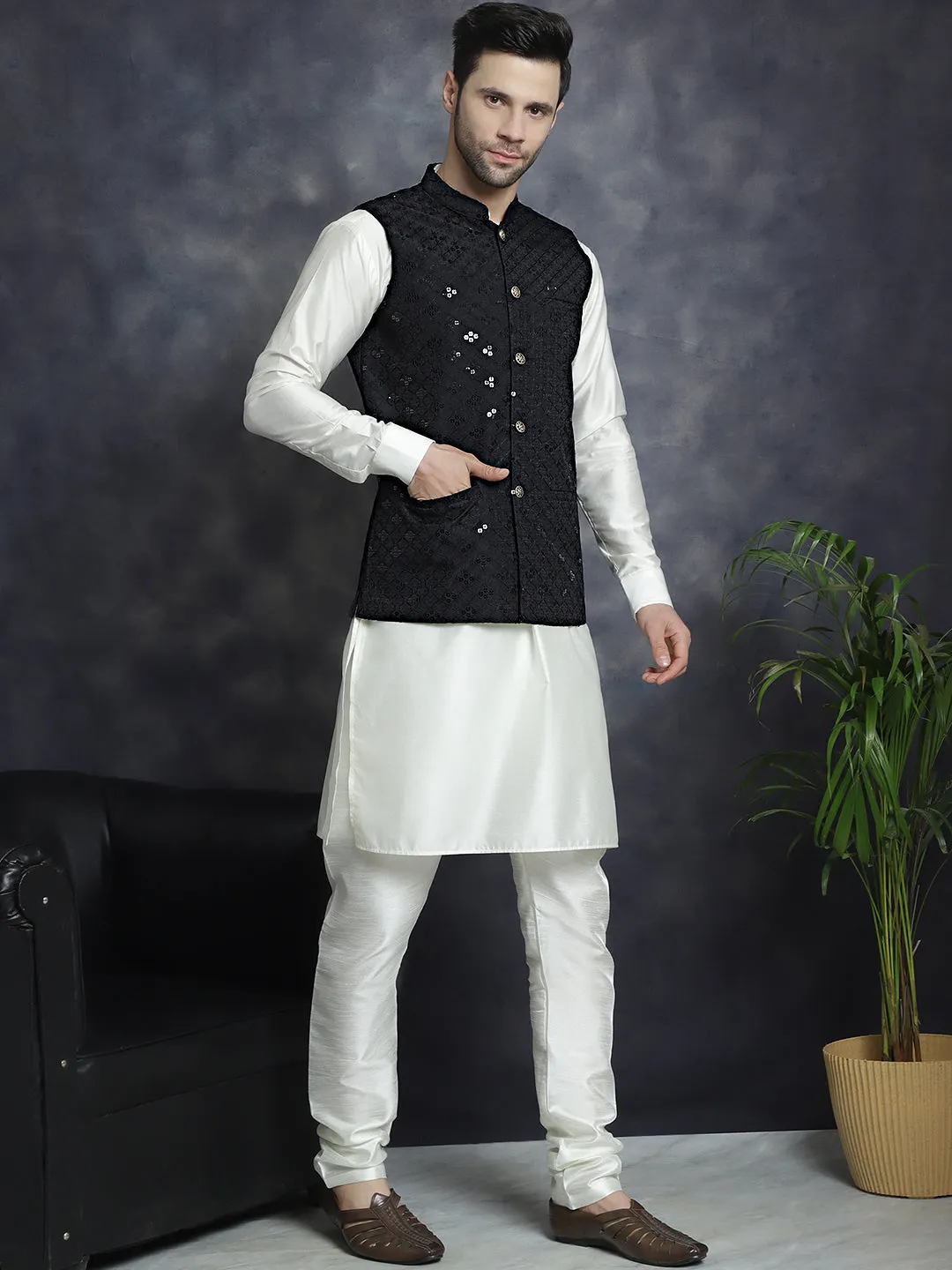 Men's Sequins and Embroidered Nehru Jacket With Solid Kurta Pyjama - Taantav