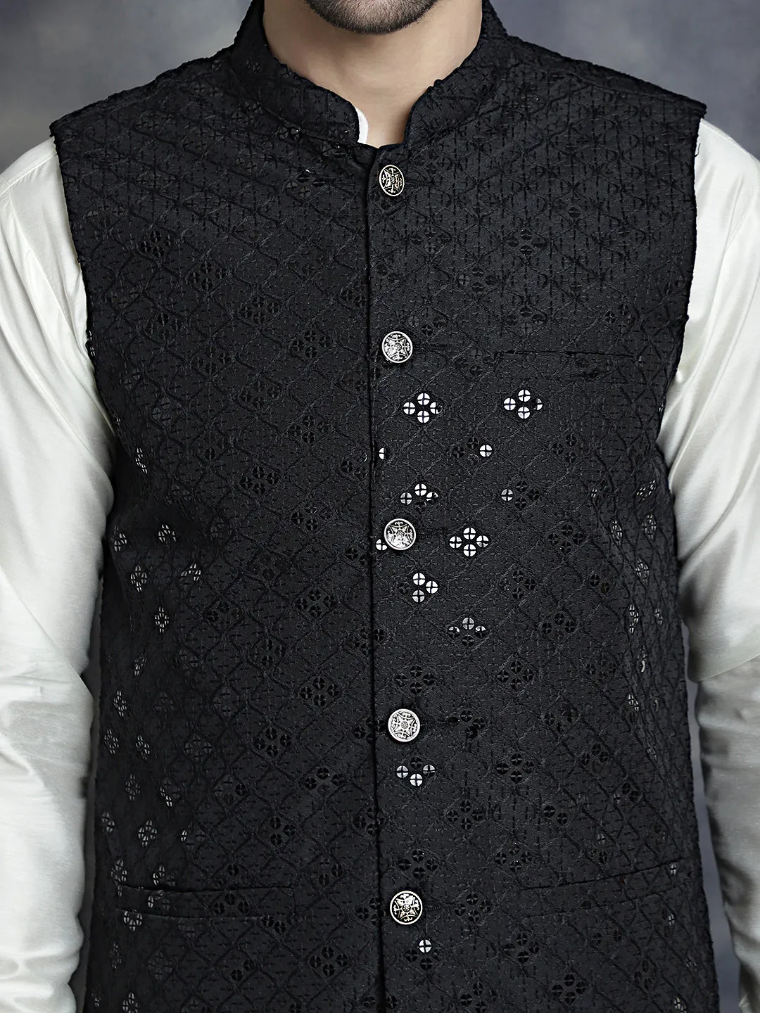 Men's Sequins and Embroidered Nehru Jacket With Solid Kurta Pyjama - Taantav