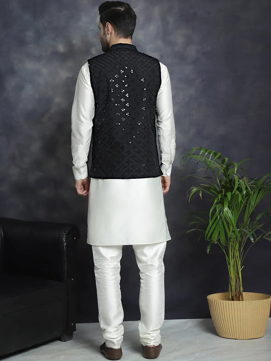 Men's Sequins and Embroidered Nehru Jacket With Solid Kurta Pyjama - Taantav