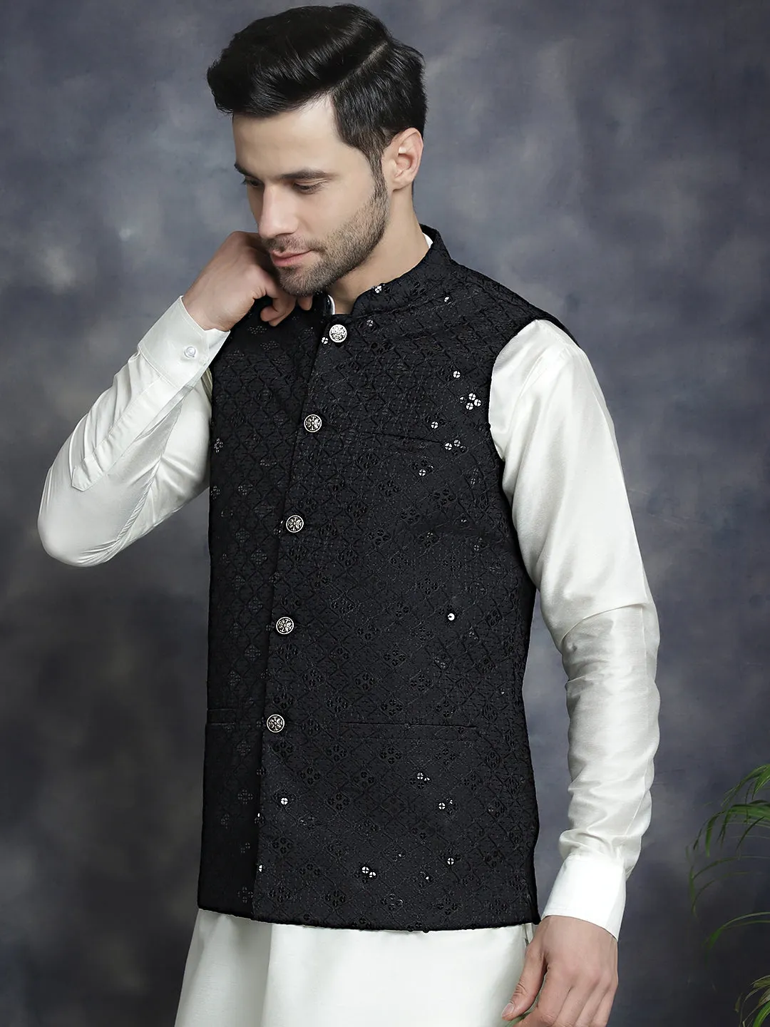 Men's Sequins and Embroidered Nehru Jacket With Solid Kurta Pyjama - Taantav