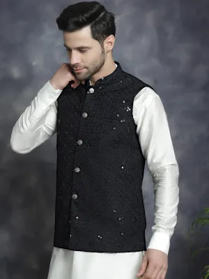 Men's Sequins and Embroidered Nehru Jacket With Solid Kurta Pyjama - Taantav