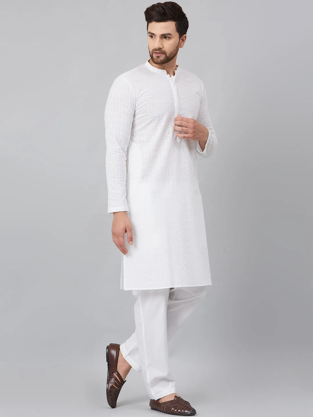 Men's White Green Chikankari Embroidered Woven Design Straight Kurta - See Designs