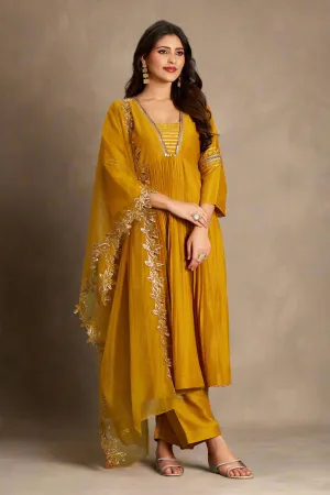 Mustard Alia Cut Anarkali Art Silk Kurta Set with Trousers and Dupatta