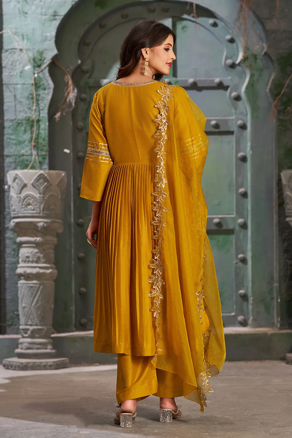 Mustard Alia Cut Anarkali Art Silk Kurta Set with Trousers and Dupatta