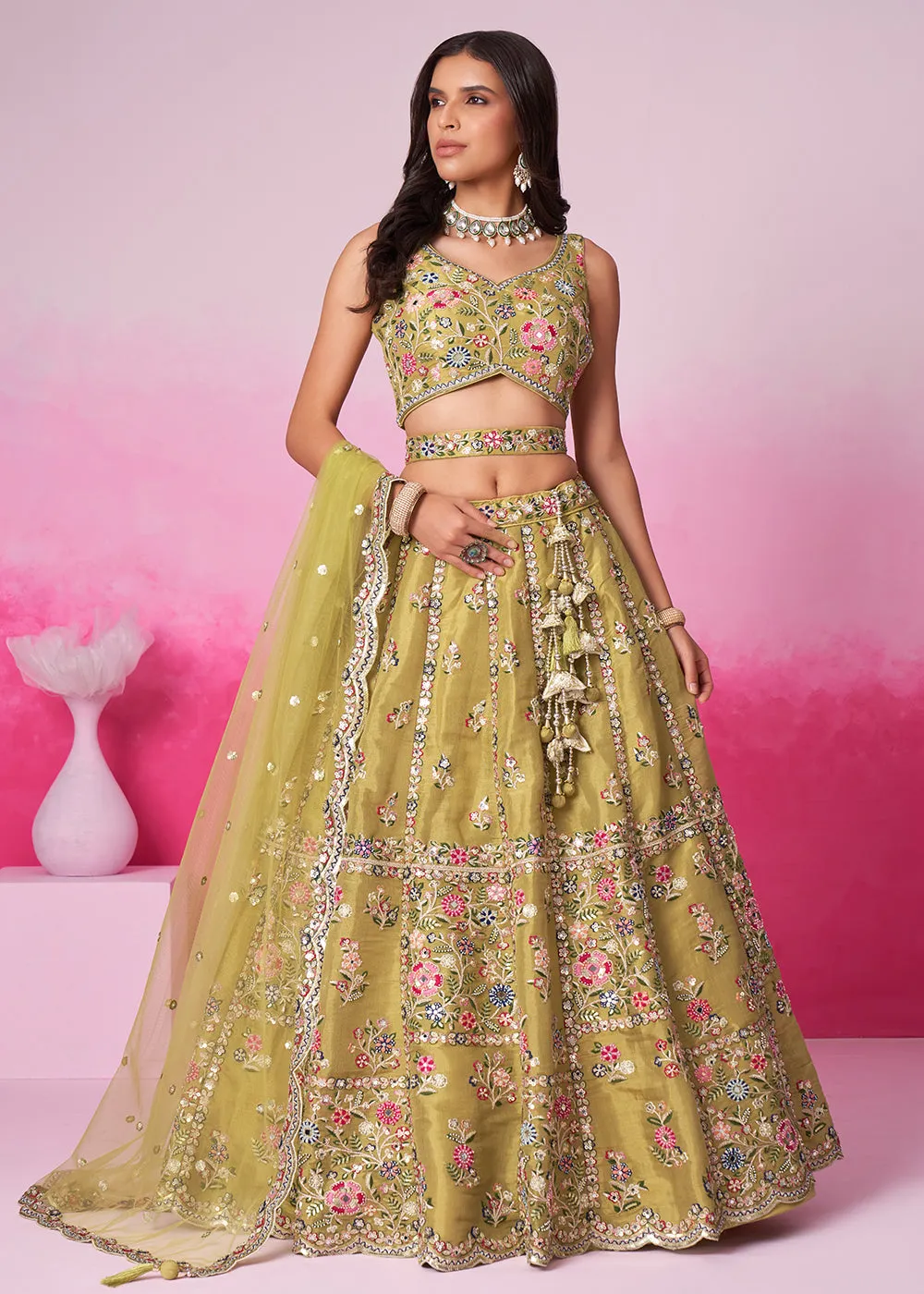 Mustard Net Ethnic Embroidered Bridal Wear Lehenga Choli