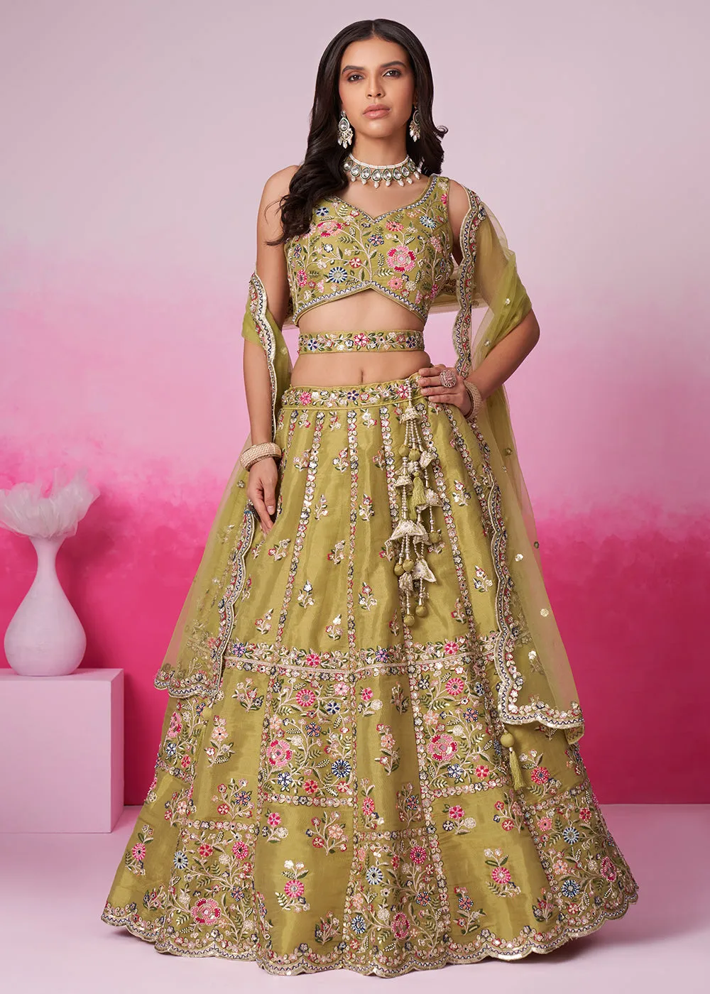 Mustard Net Ethnic Embroidered Bridal Wear Lehenga Choli