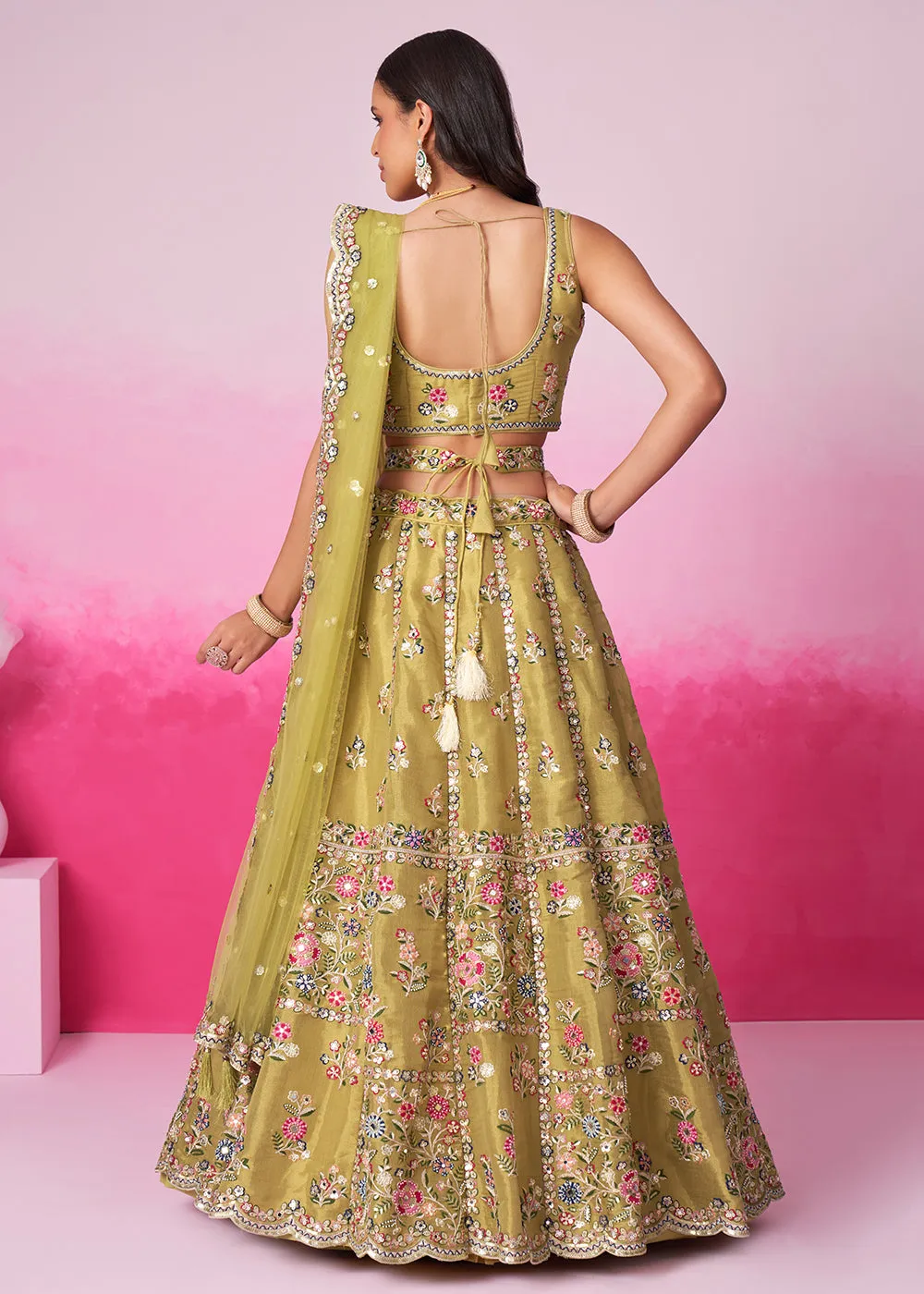 Mustard Net Ethnic Embroidered Bridal Wear Lehenga Choli