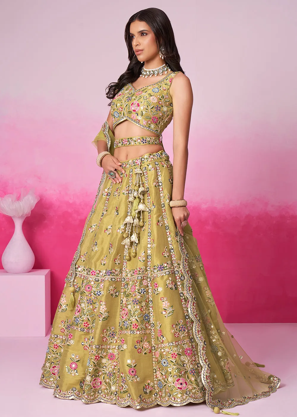 Mustard Net Ethnic Embroidered Bridal Wear Lehenga Choli