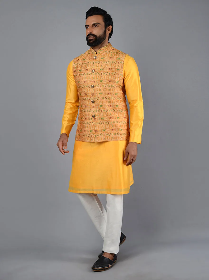 Mustard Yellow Printed Regular Fit Bandhgala Jacket | TULA