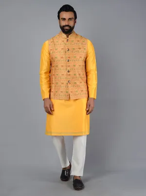 Mustard Yellow Printed Regular Fit Bandhgala Jacket | TULA