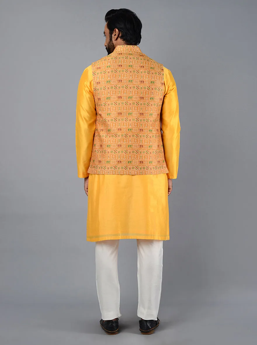 Mustard Yellow Printed Regular Fit Bandhgala Jacket | TULA