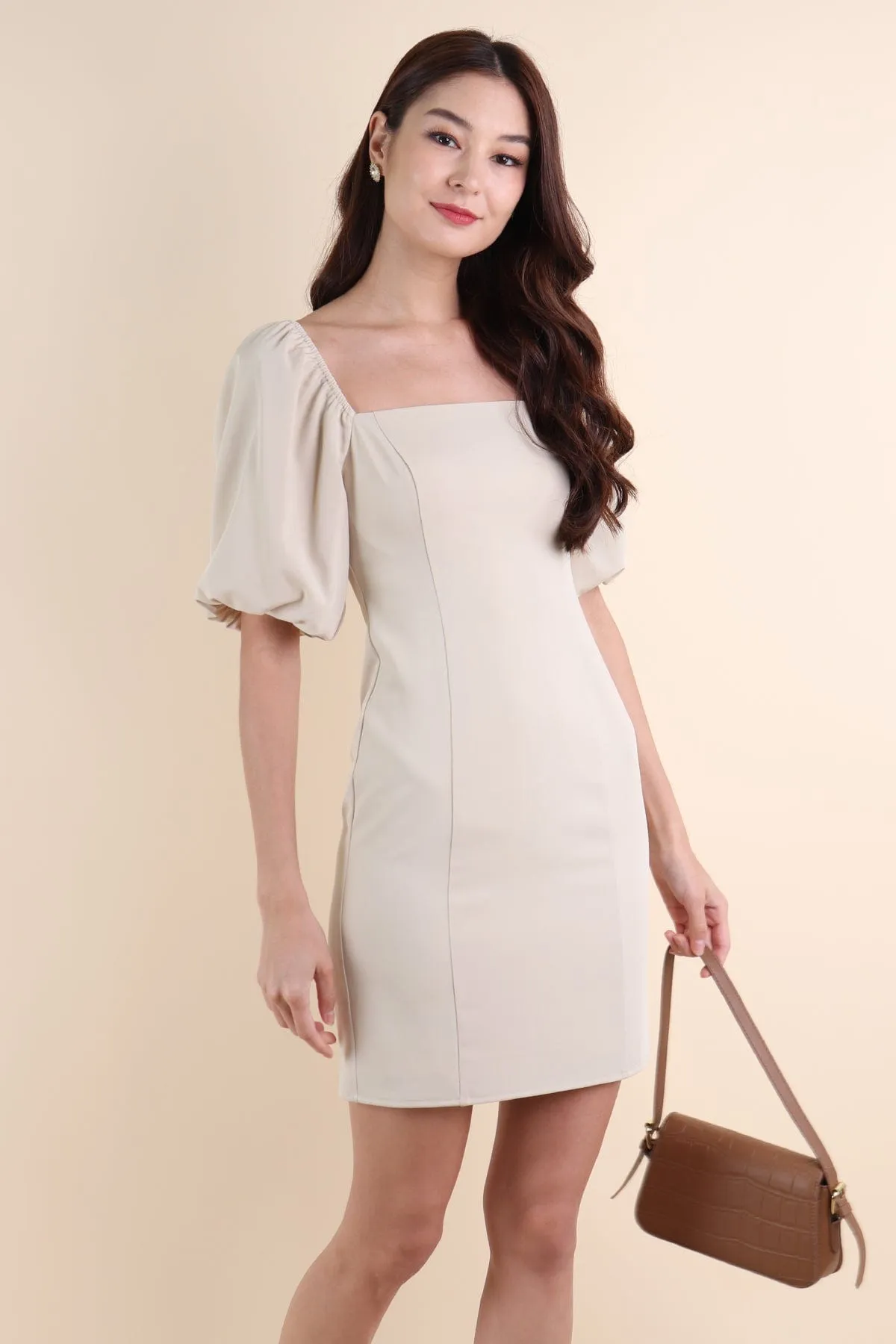 NATTY PUFF SLEEVE WORK DRESS IN ECRU