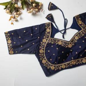 Navy Blue Olive Silk Blouse with Golden Embroidery and Sequins