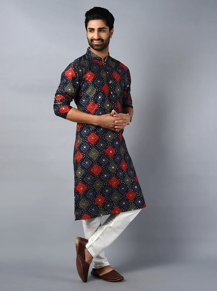 Navy Blue Printed Regular Fit Kurta | Azania