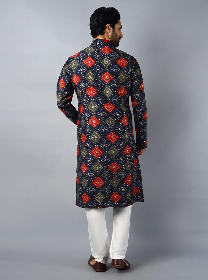 Navy Blue Printed Regular Fit Kurta | Azania