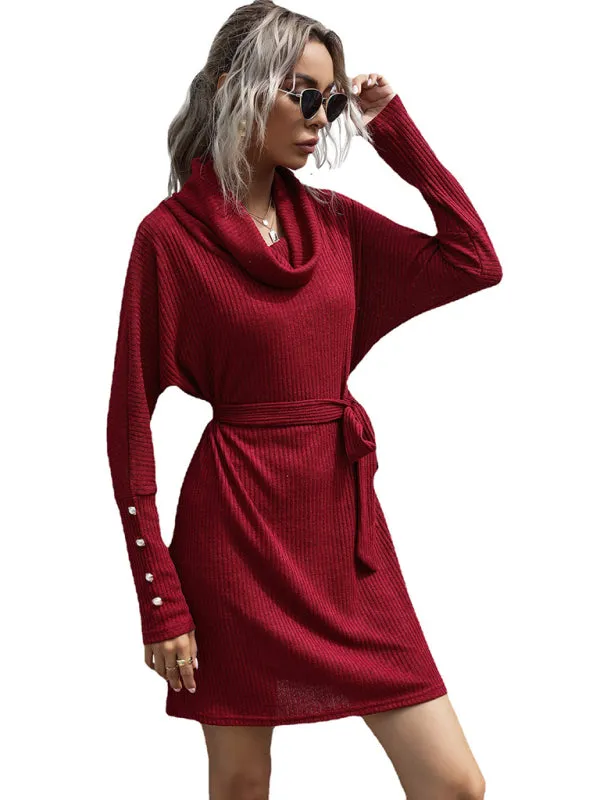 New pile collar solid color bottoming knitted sweater dress with long sleeves