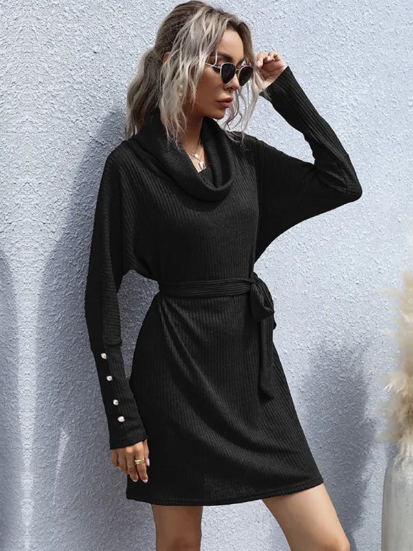 New pile collar solid color bottoming knitted sweater dress with long sleeves