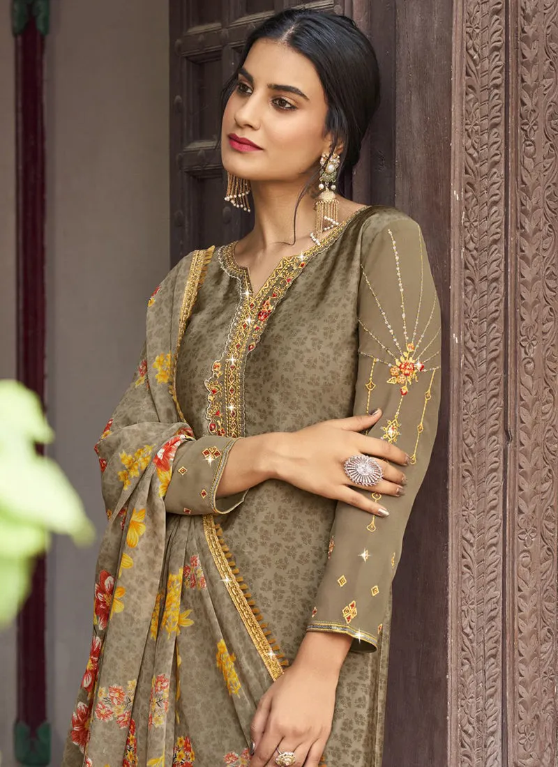 Olive Green Multi Embroidered Traditional Punjabi Style Suit