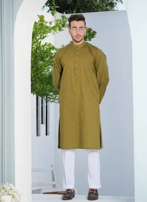 Olive Green Self Embroidered Schiffli Cotton Kurta