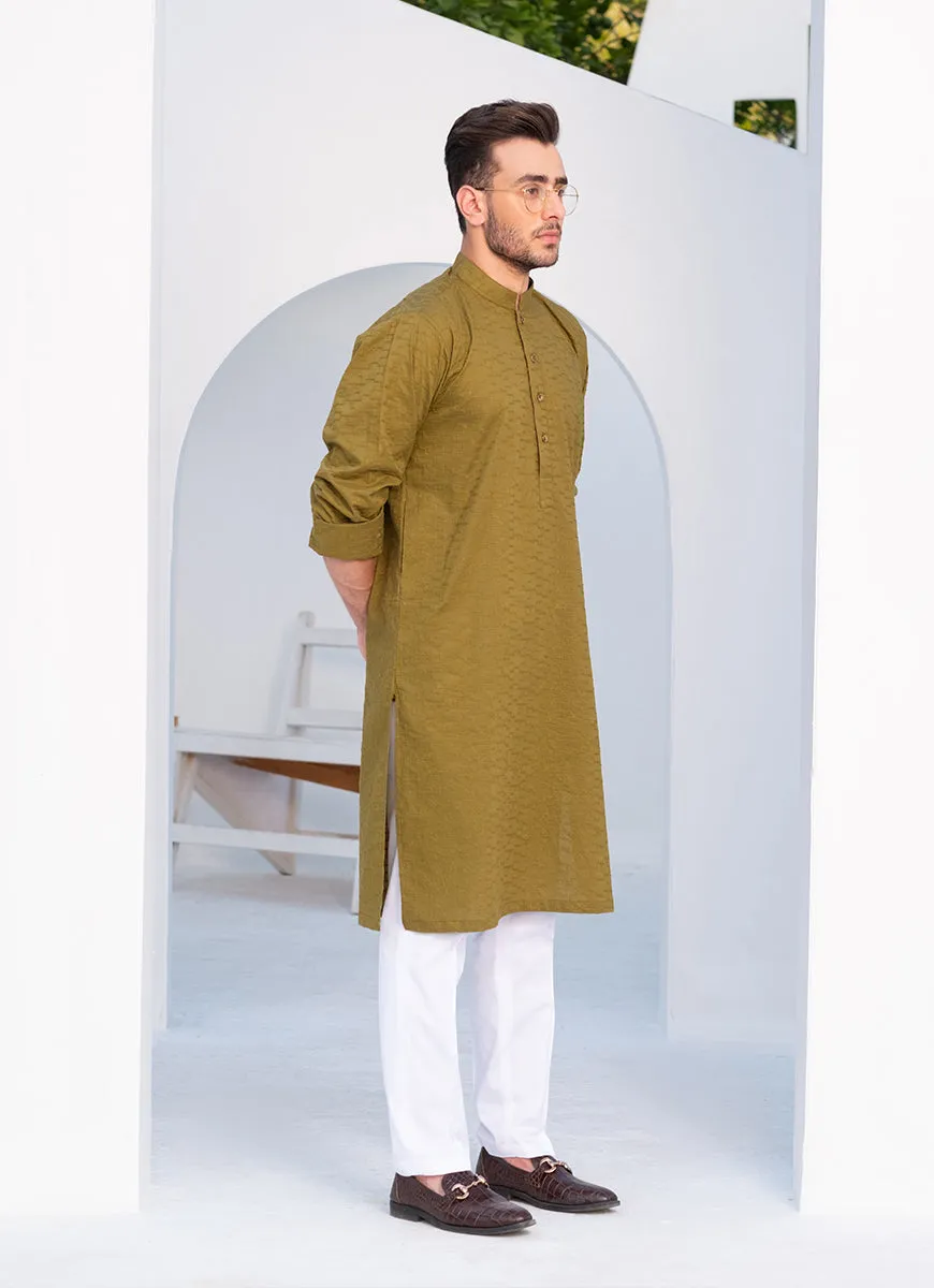 Olive Green Self Embroidered Schiffli Cotton Kurta