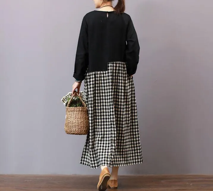 patch Work Cotton Linen Dresses Women Long Dresses Long Sleeve