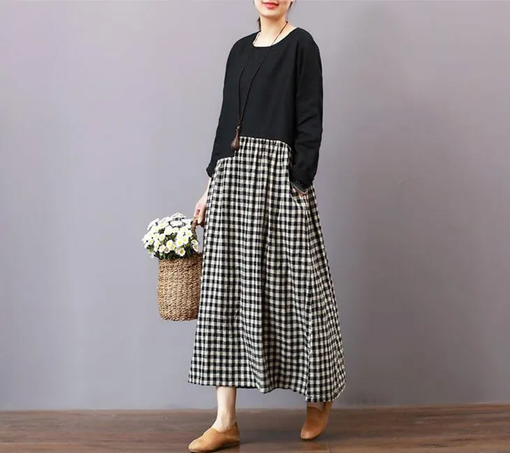 patch Work Cotton Linen Dresses Women Long Dresses Long Sleeve