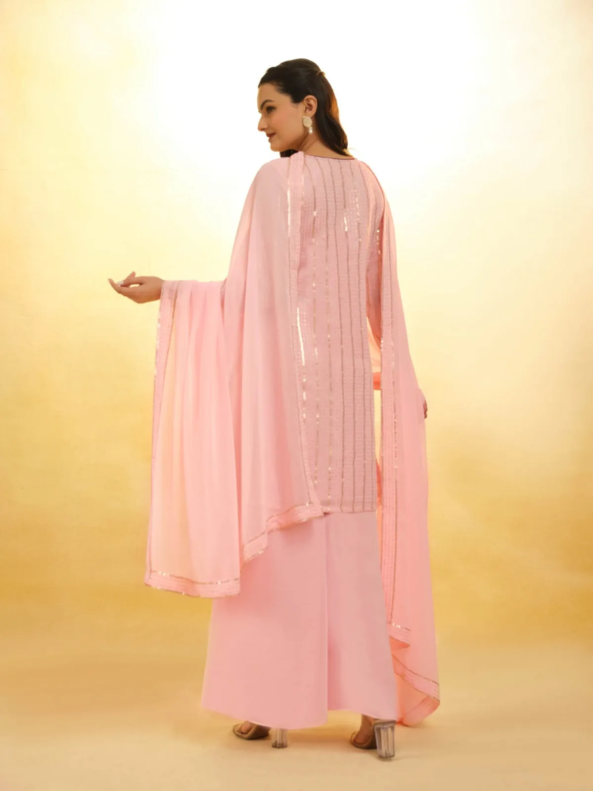 Peach Georgette Suit with Embroidery and Shantoon Bottom