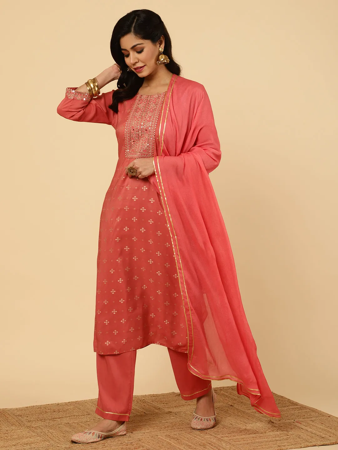 Peach Mirror Work Chanderi Straight Kurta With Pants And Dupatta