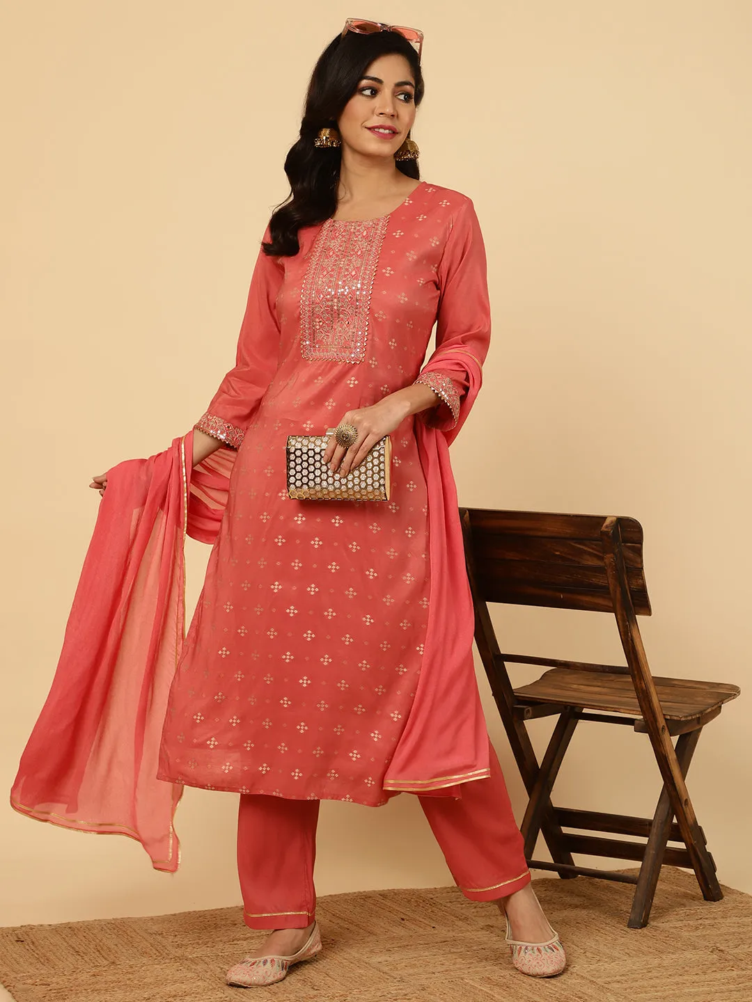 Peach Mirror Work Chanderi Straight Kurta With Pants And Dupatta