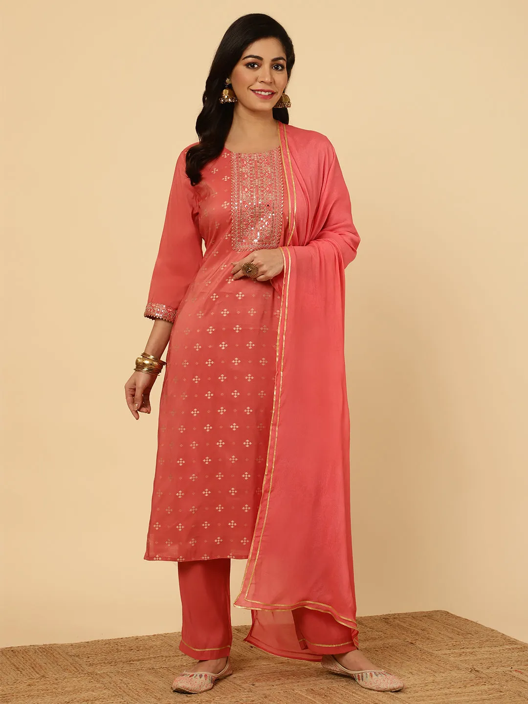 Peach Mirror Work Chanderi Straight Kurta With Pants And Dupatta