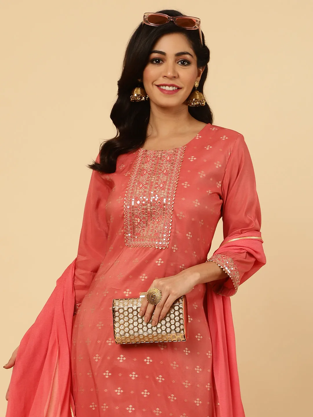 Peach Mirror Work Chanderi Straight Kurta With Pants And Dupatta