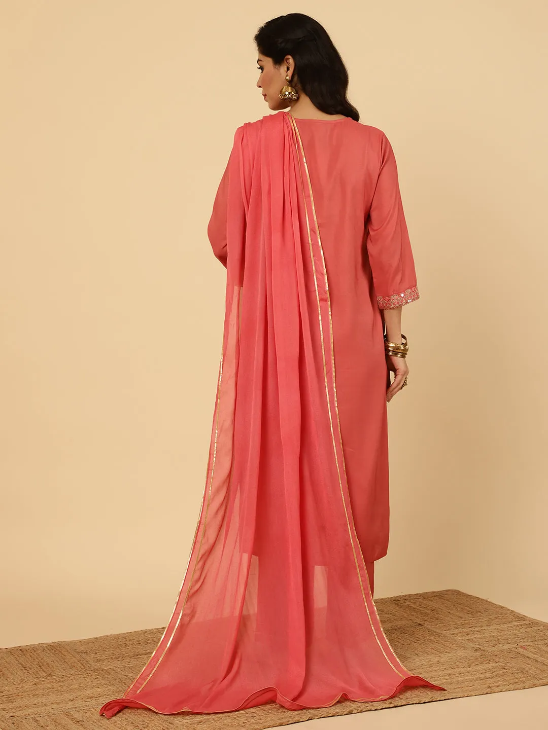 Peach Mirror Work Chanderi Straight Kurta With Pants And Dupatta