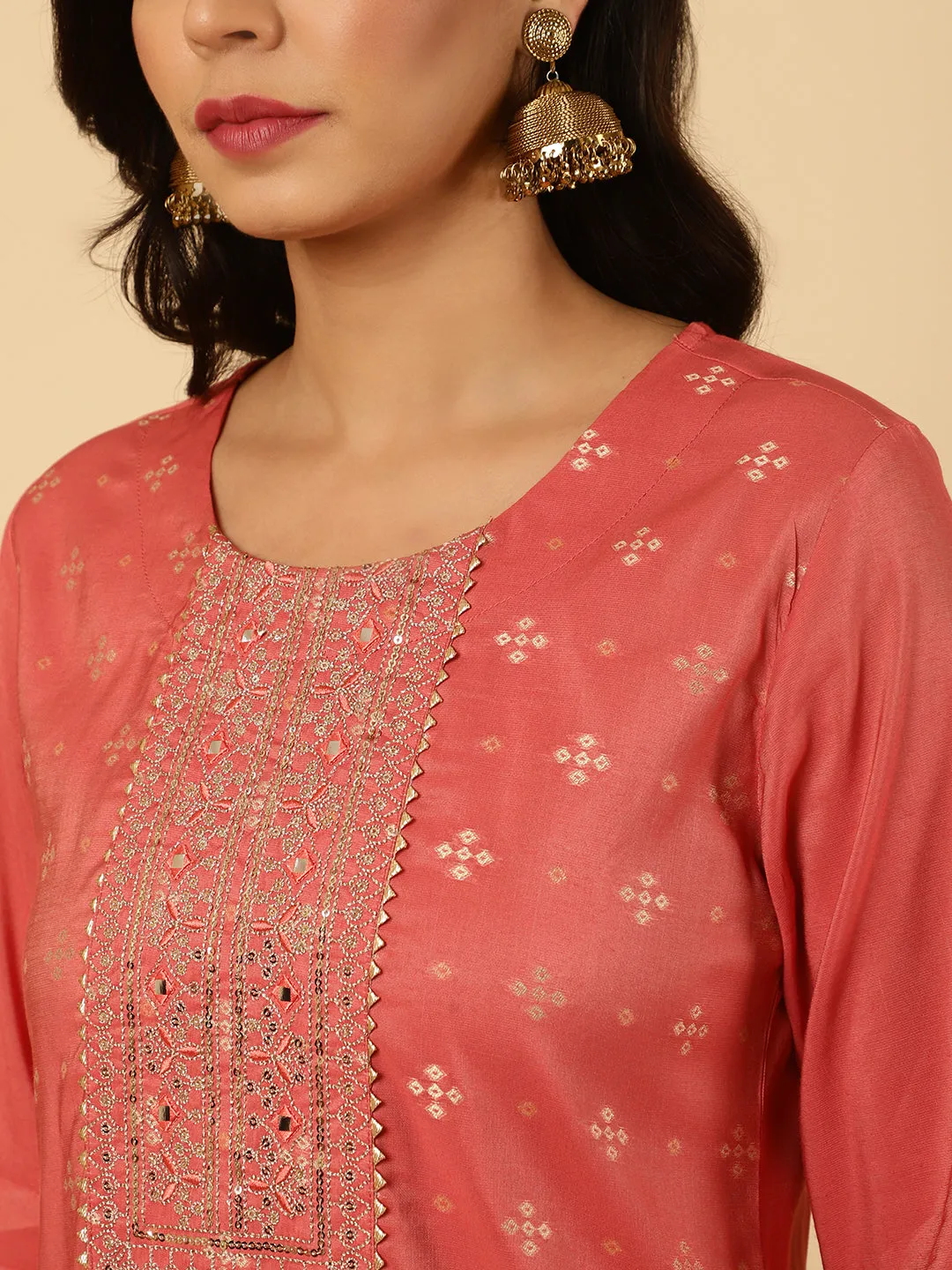 Peach Mirror Work Chanderi Straight Kurta With Pants And Dupatta