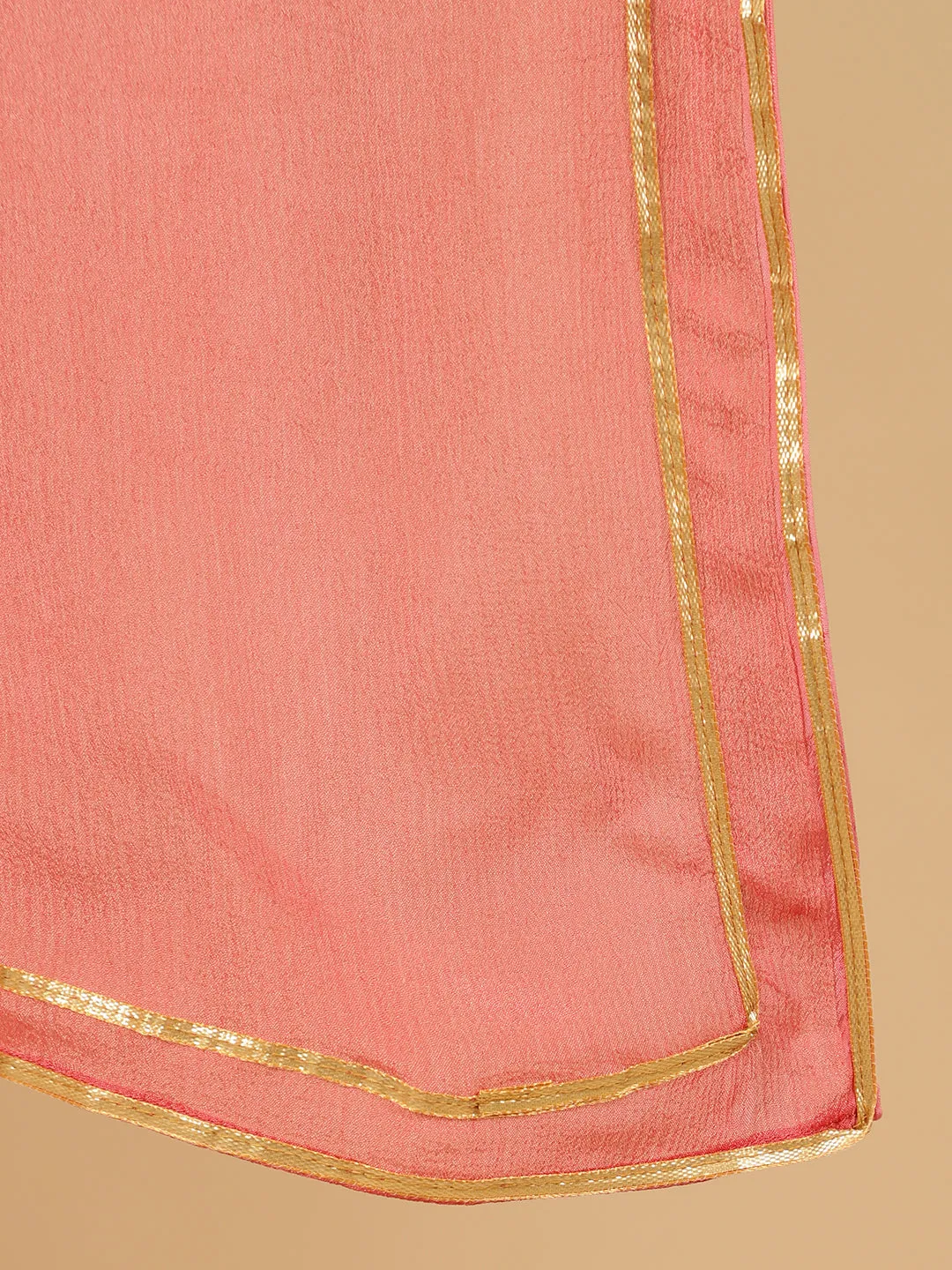 Peach Mirror Work Chanderi Straight Kurta With Pants And Dupatta