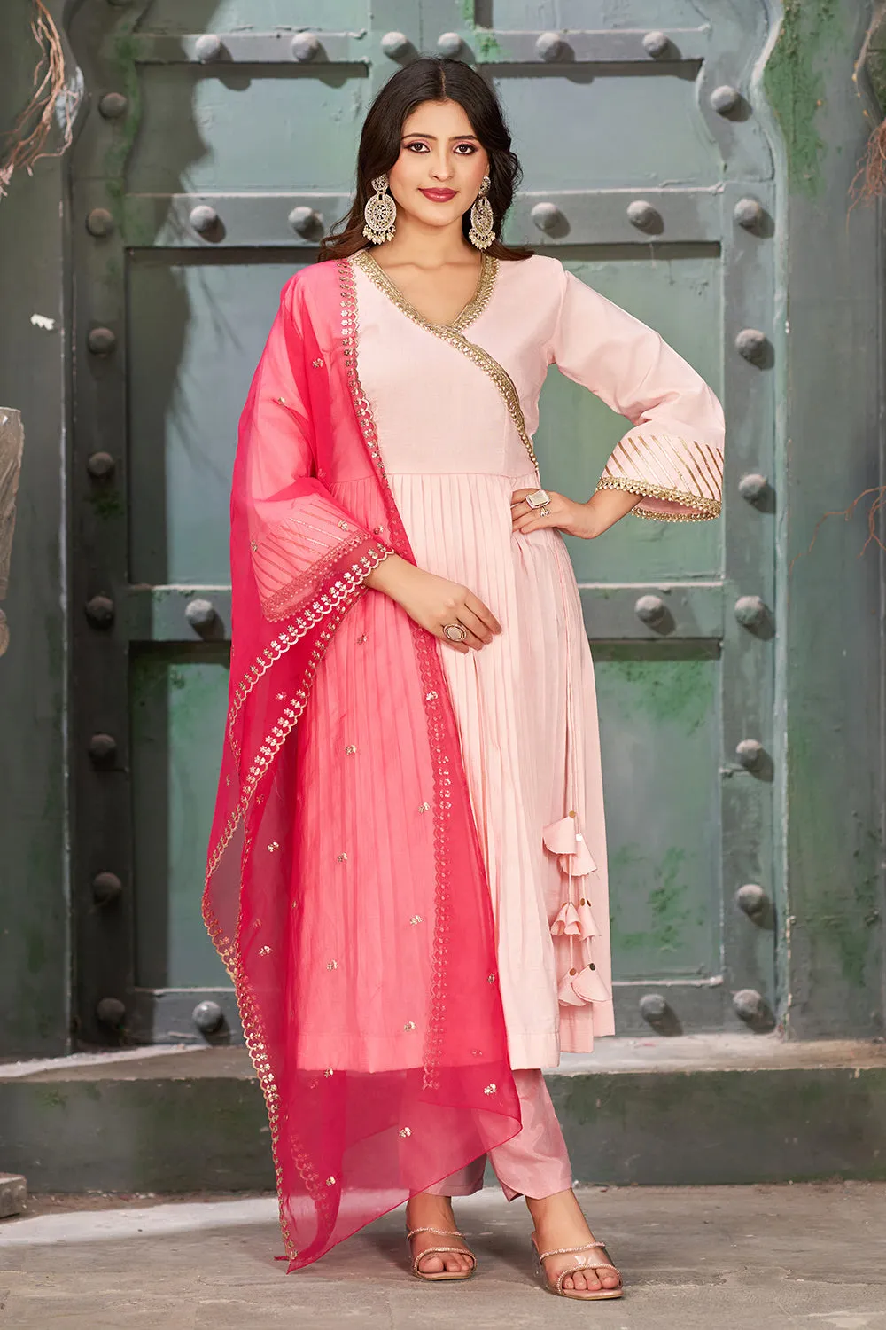 Pink Peach Art Silk Angrakha Neck Kurta Set with Trousers and Dupatta