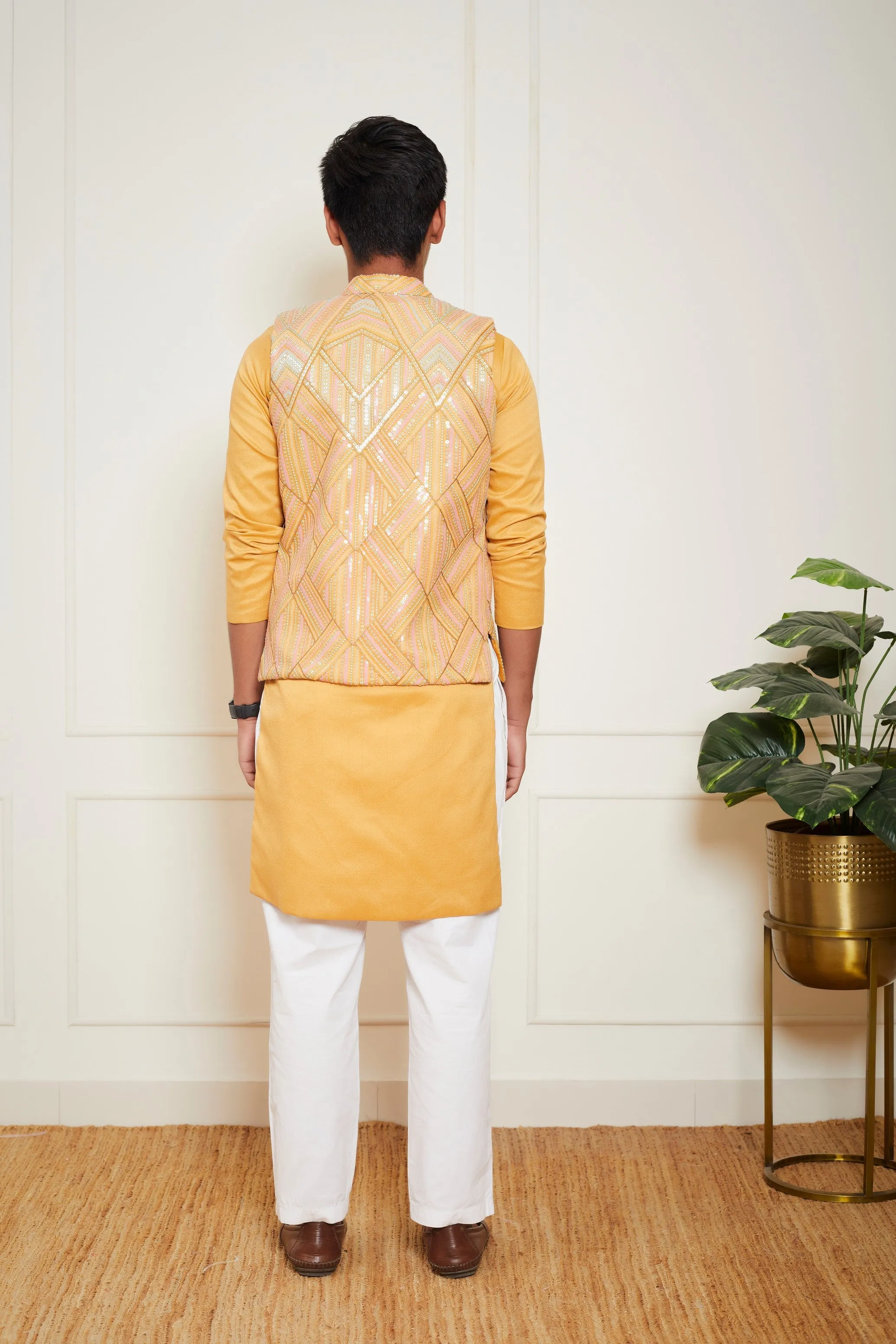 Pre Order: Mustard Yellow Embroidered Nehru Jacket Set