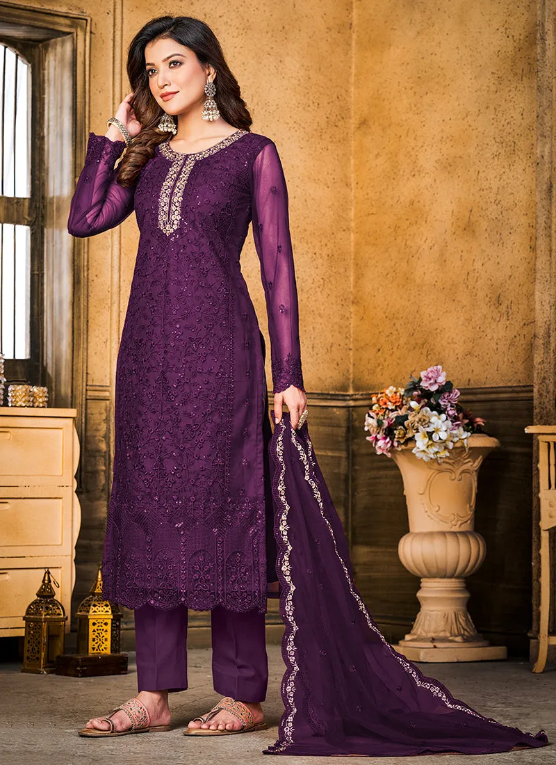 Purple Resham Thread And Sequence Embroidery Pant Style Suit