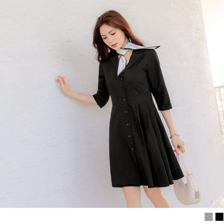 RIBBED ELASTIC WAIST A-LINE 3/4 SLEEVE MINI DRESS