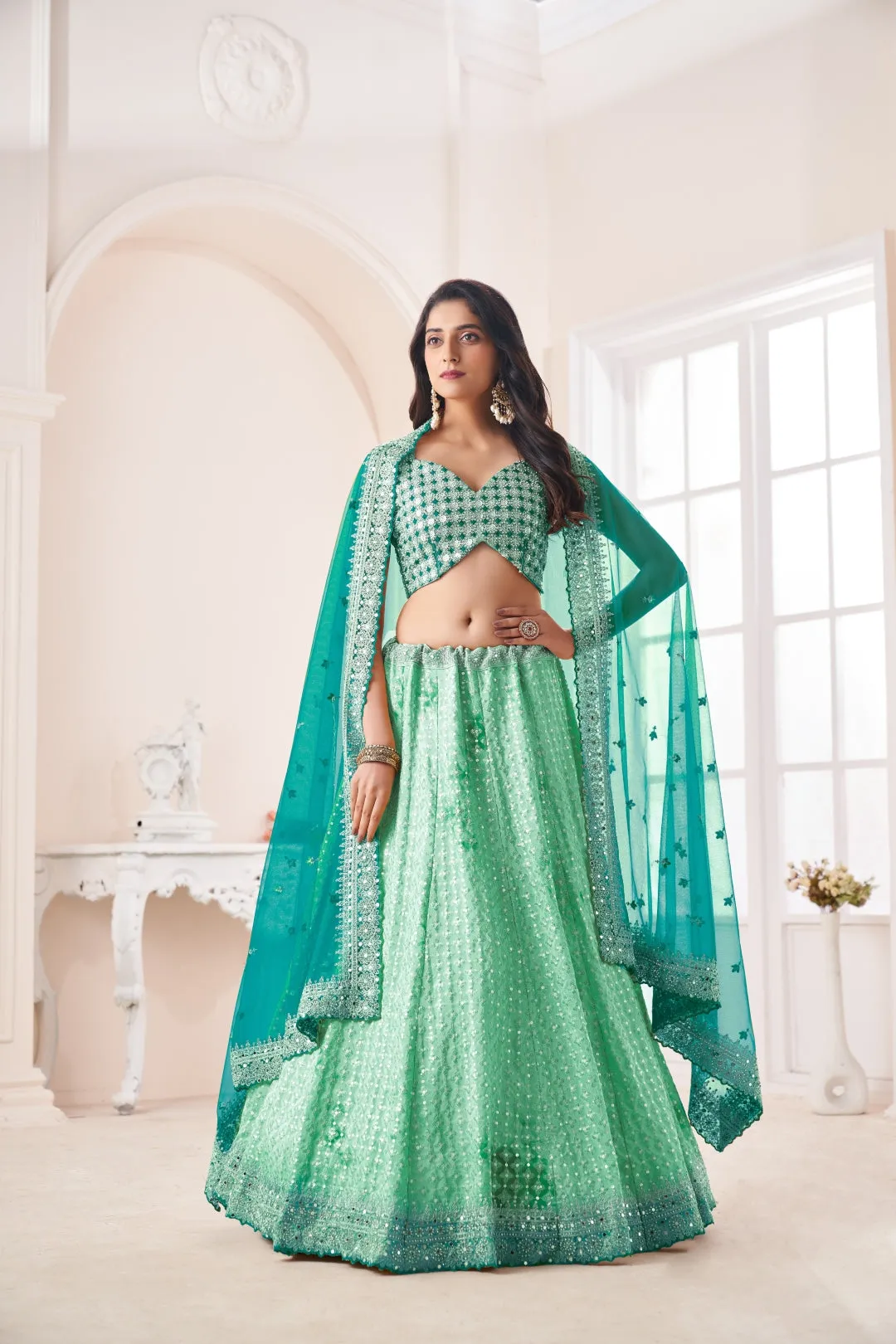 Shimmering Green Party Wear Lehenga Choli Set - Embroidered Elegance