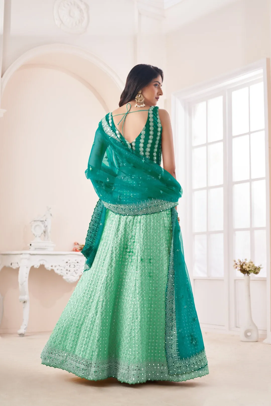 Shimmering Green Party Wear Lehenga Choli Set - Embroidered Elegance